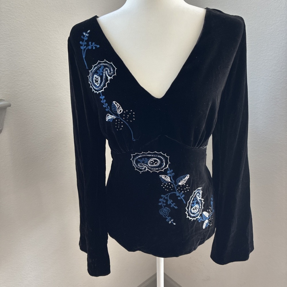 Alexandra Bartlett Silk Velvet Beaded Floral Top XL Goth Y2K Dark Romantic